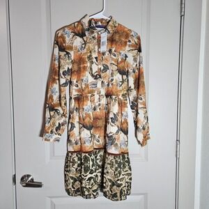 $200 NEW Ro's Garden Romy Short Dress XS 1/2 Button Lined Floral Brown